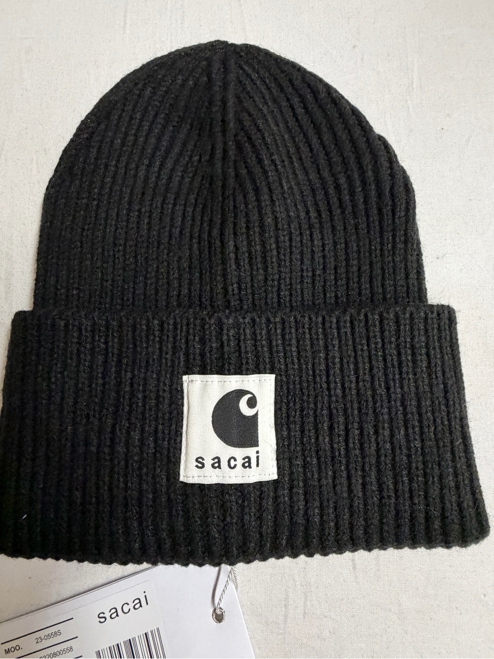 Sacai Black Ribbed Logo Cuff Beanie